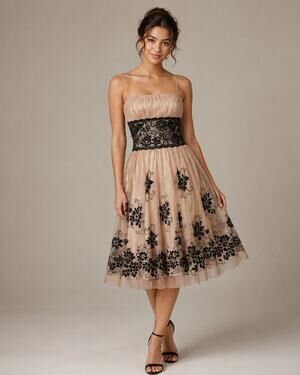 OC OC Tan Black Floral Lace Satin Cocktail Dress Size 12 Y2K Spaghetti Strap
